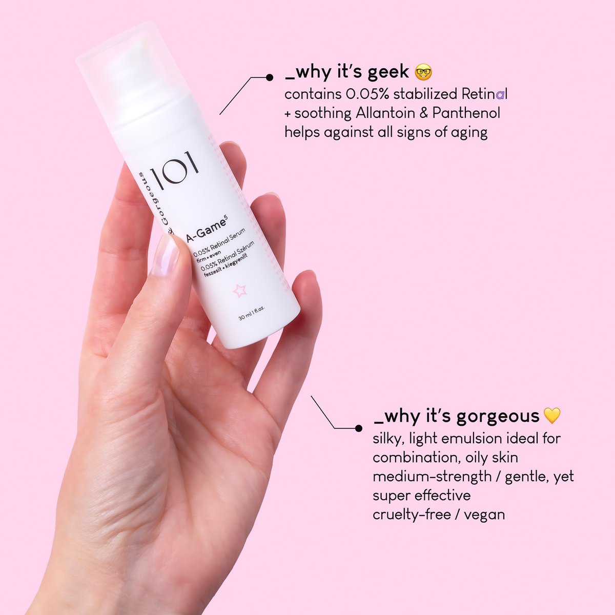 Geek & Gorgeous A-Game 5 - 0.05% Retinal Serum - Lightweight, Medium-Strength Retinal for All Skin Types, Especially Combination & Oily Skin, 1 oz Avelisse