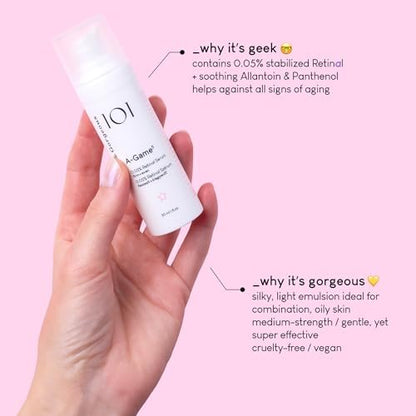 Geek & Gorgeous A-Game 5 - 0.05% Retinal Serum - Lightweight, Medium-Strength Retinal for All Skin Types, Especially Combination & Oily Skin, 1 oz Avelisse