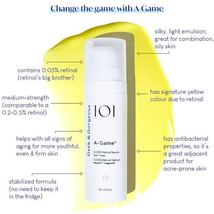 Geek & Gorgeous A-Game 5 - 0.05% Retinal Serum - Lightweight, Medium-Strength Retinal for All Skin Types, Especially Combination & Oily Skin, 1 oz Avelisse