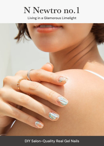 Ohora Semi Cured Gel Nail Strips - N Newtro No.1 - White & Metallic - 34 Piece Set