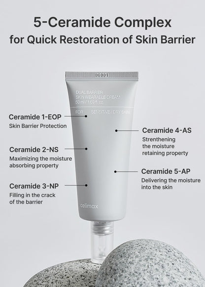 celimax Dual Barrier Skin Wearable Cream – Long Lasting Face Moisturizer with Ceramides & Hyaluronic Acid, Hydrating, Soothing, Repairing Day & Night Cream, 50ml