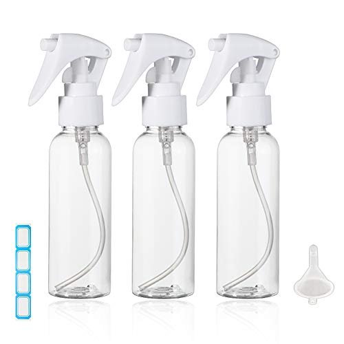 Travel Size Spray Bottle, 3.4oz/100ml Plastic Fine Mist Spray Bottle Set, 3-Pack Clear Trigger Sprayer with Funnel and Labels for Styling, Kitchen, Home, Office Cleaning Avelisse