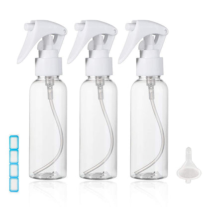 Travel Size Spray Bottle, 3.4oz/100ml Plastic Fine Mist Spray Bottle Set, 3-Pack Clear Trigger Sprayer with Funnel and Labels for Styling, Kitchen, Home, Office Cleaning Avelisse