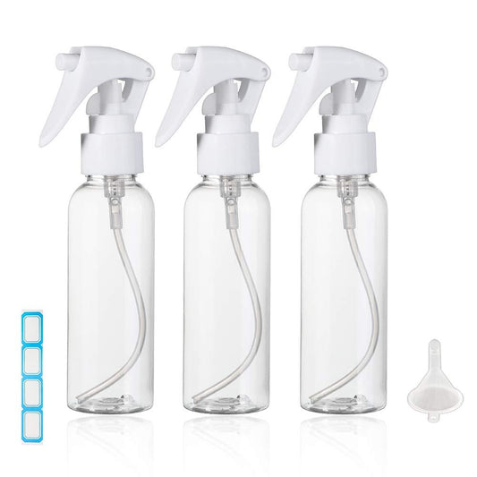 Travel Size Spray Bottle, 3.4oz/100ml Plastic Fine Mist Spray Bottle Set, 3-Pack Clear Trigger Sprayer with Funnel and Labels for Styling, Kitchen, Home, Office Cleaning Avelisse