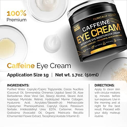 Caffeine Eye Cream for Anti-Aging, Dark Circles, Bags, Puffiness – Under Eye Skin & Face Tightening Treatment for Men & Women 1.7 oz Avelisse