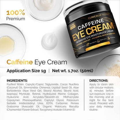 Caffeine Eye Cream for Anti-Aging, Dark Circles, Bags, Puffiness – Under Eye Skin & Face Tightening Treatment for Men & Women 1.7 oz Avelisse