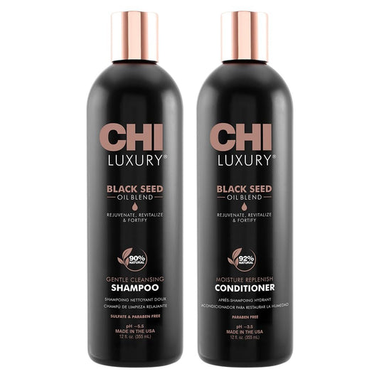 CHI Black Seed Oil Blend Gentle Cleansing Shampoo & Moisture Replenish Conditioner Set - 12 Fl Oz Each (Pack of 2) Avelisse