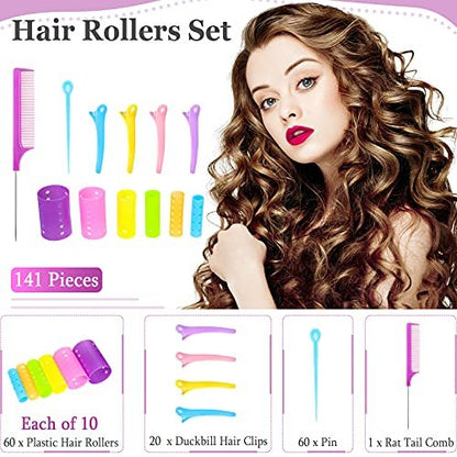 Chuangdi 141 Pcs Hair Rollers Set - Mixed Sizes Plastic Rollers with Pins, Clips & Comb for Long Short Hair Salon Curls Avelisse