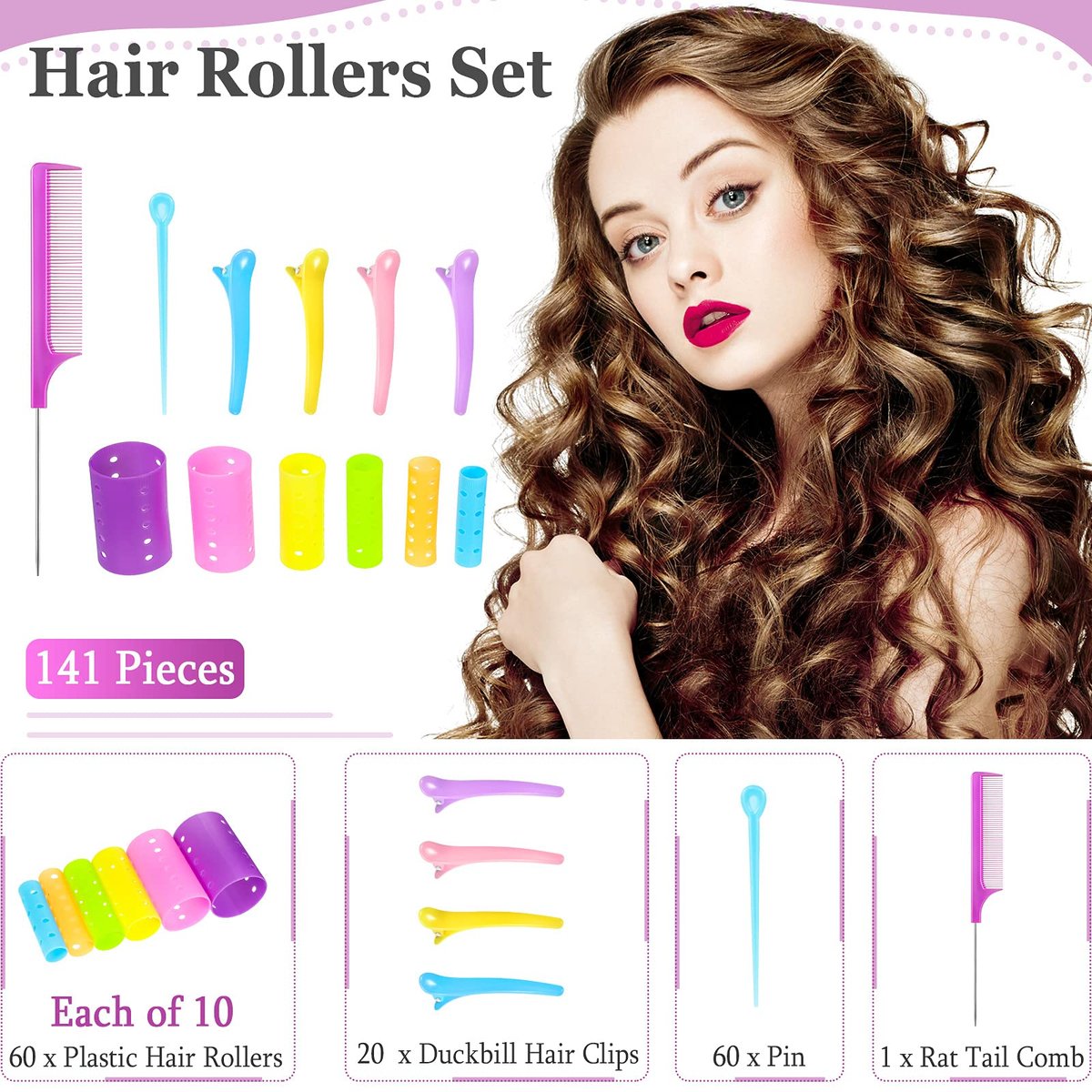 Chuangdi 141 Pcs Hair Rollers Set - Mixed Sizes Plastic Rollers with Pins, Clips & Comb for Long Short Hair Salon Curls Avelisse