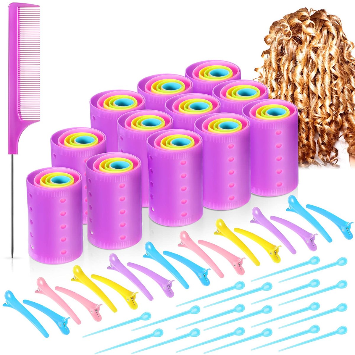 Chuangdi 141 Pcs Hair Rollers Set - Mixed Sizes Plastic Rollers with Pins, Clips & Comb for Long Short Hair Salon Curls Avelisse