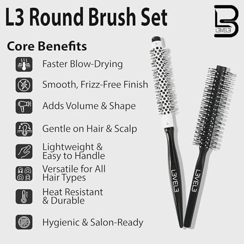 L3 Round Brush Set - Professional Hair Styling Brushes for Volume, Curls, and Smooth Finish - 2 Piece Set Avelisse