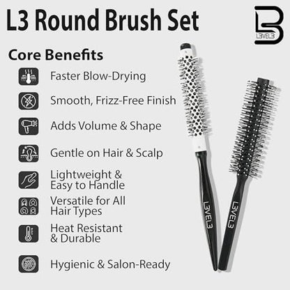 L3 Round Brush Set - Professional Hair Styling Brushes for Volume, Curls, and Smooth Finish - 2 Piece Set Avelisse