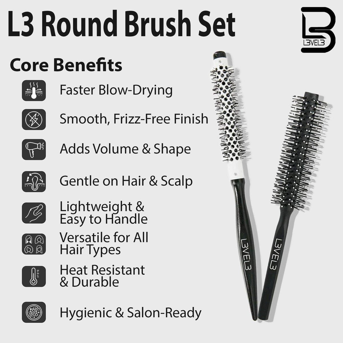 L3 Round Brush Set - Professional Hair Styling Brushes for Volume, Curls, and Smooth Finish - 2 Piece Set Avelisse