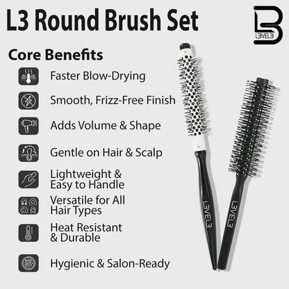 L3 Round Brush Set - Professional Hair Styling Brushes for Volume, Curls, and Smooth Finish - 2 Piece Set Avelisse