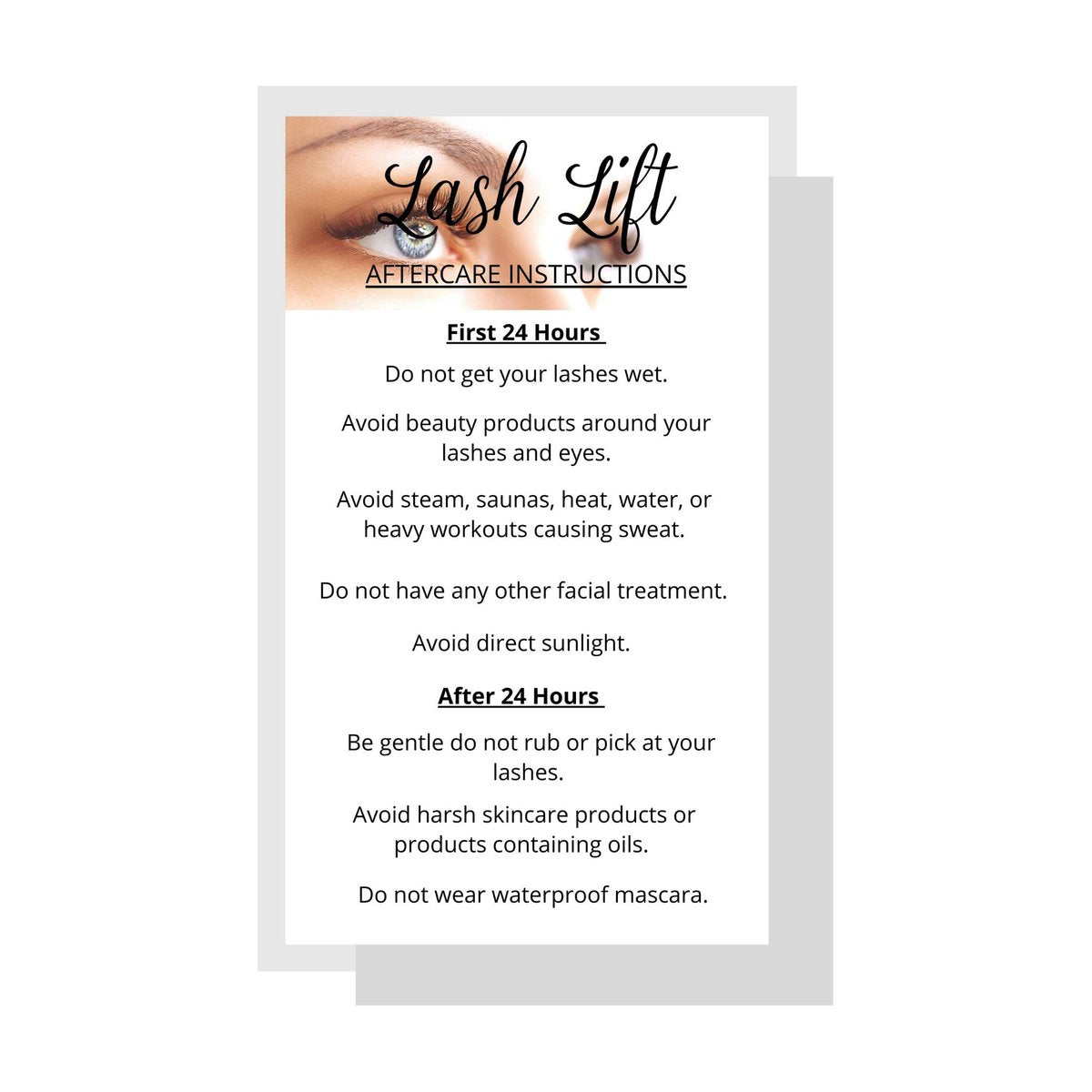 Lash Lift Aftercare Instruction Cards | 50 Pack | 2x3.5 inch Business Card Size | Blue Eye Photo Design | Matte Card Stock - görsel 1