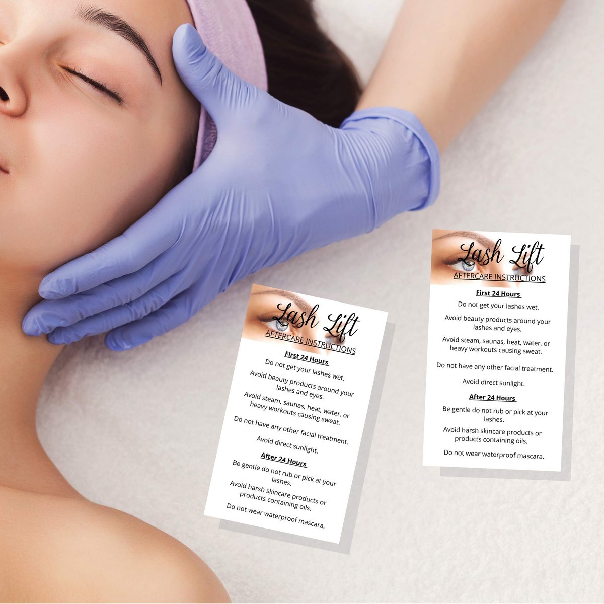 Lash Lift Aftercare Instruction Cards | 50 Pack | 2x3.5 inch Business Card Size | Blue Eye Photo Design | Matte Card Stock - görsel 17