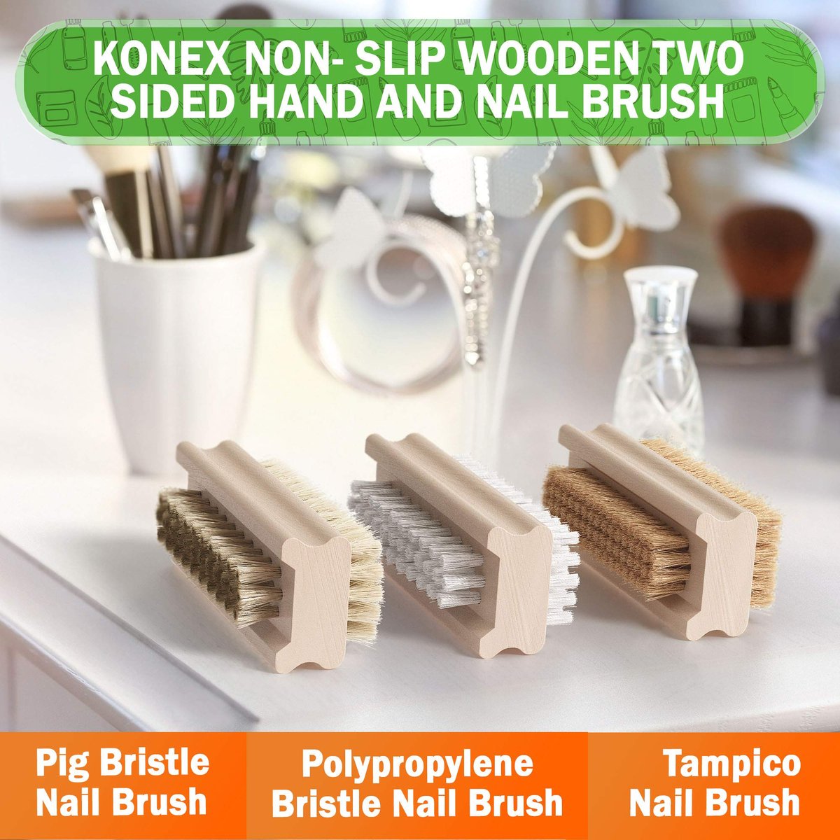 Konex Non-Slip Wooden Two-Sided Nail Brush for Cleaning Fingernails - Natural Boar Bristle Nail Scrubber for Daily Use Avelisse