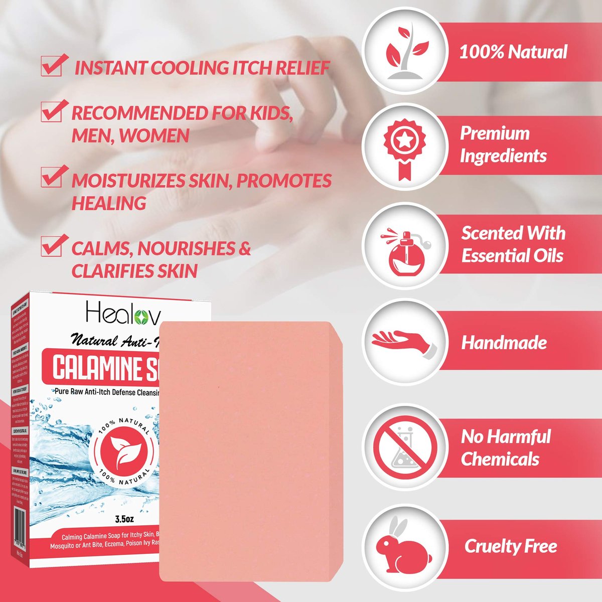 Healov Calamine Soap Bar – All Natural Instant Itch Relief for Eczema, Poison Ivy, Insect Bites & Chicken Pox – Pure Anti-Itch Body Wash Cleanser (4 oz) - görsel 5