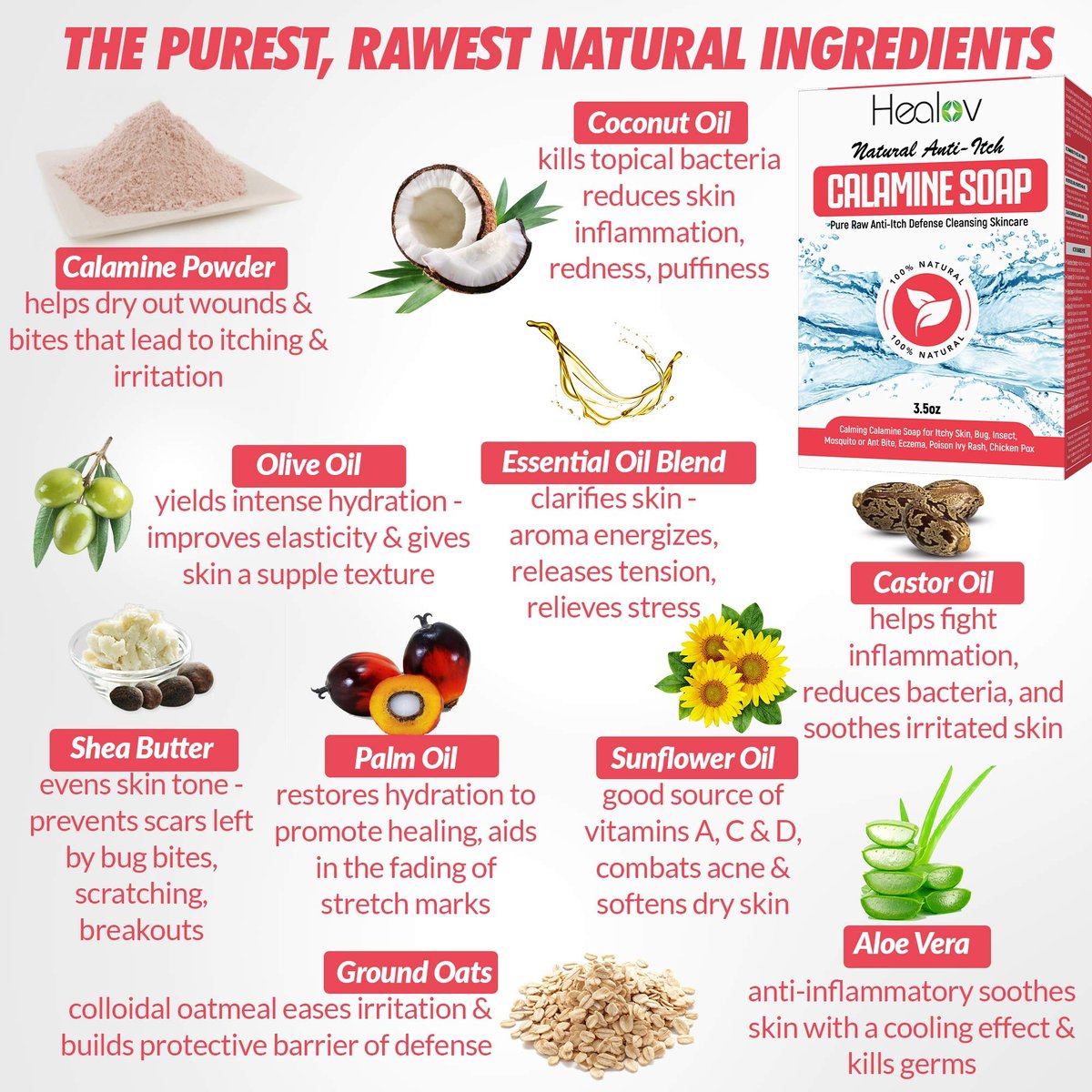 Healov Calamine Soap Bar – All Natural Instant Itch Relief for Eczema, Poison Ivy, Insect Bites & Chicken Pox – Pure Anti-Itch Body Wash Cleanser (4 oz) - görsel 7