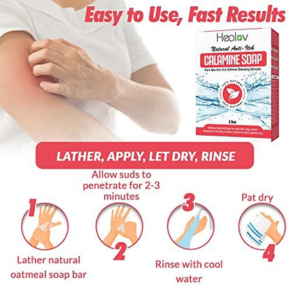 Healov Calamine Soap Bar – All Natural Instant Itch Relief for Eczema, Poison Ivy, Insect Bites & Chicken Pox – Pure Anti-Itch Body Wash Cleanser (4 oz)