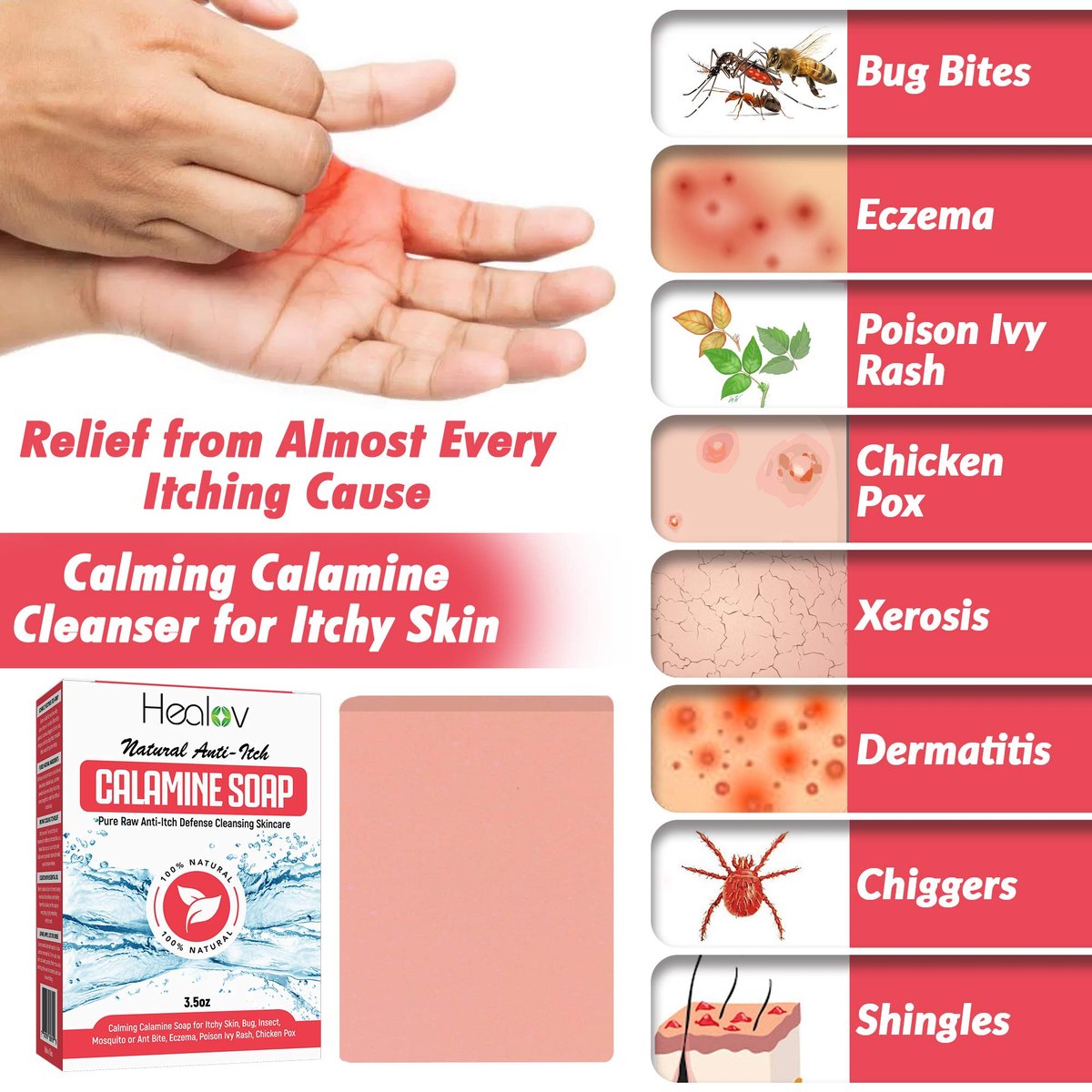 Healov Calamine Soap Bar – All Natural Instant Itch Relief for Eczema, Poison Ivy, Insect Bites & Chicken Pox – Pure Anti-Itch Body Wash Cleanser (4 oz) - görsel 3