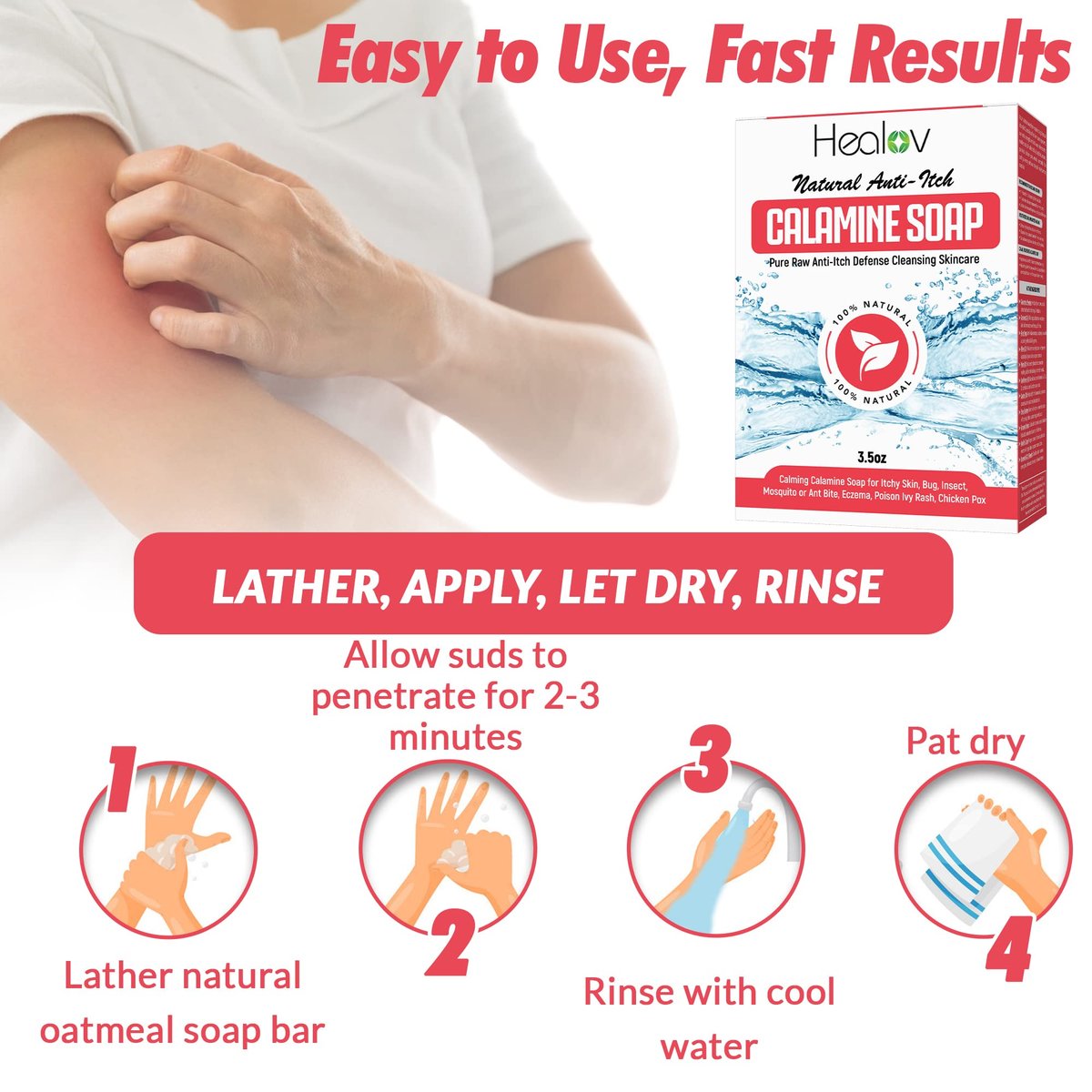 Healov Calamine Soap Bar – All Natural Instant Itch Relief for Eczema, Poison Ivy, Insect Bites & Chicken Pox – Pure Anti-Itch Body Wash Cleanser (4 oz) - görsel 11