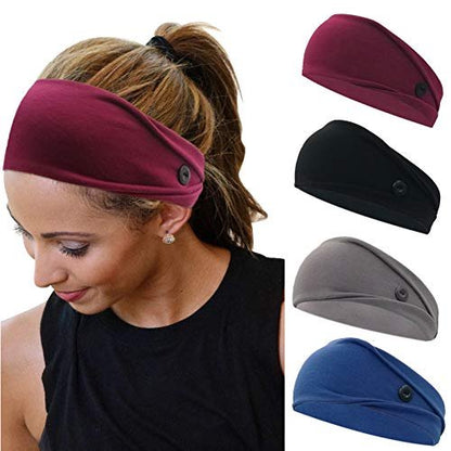YONUF Headbands for Women with Buttons – Elastic Non Slip Yoga Hair Bands for Nurses, Doctors – 4 Pack