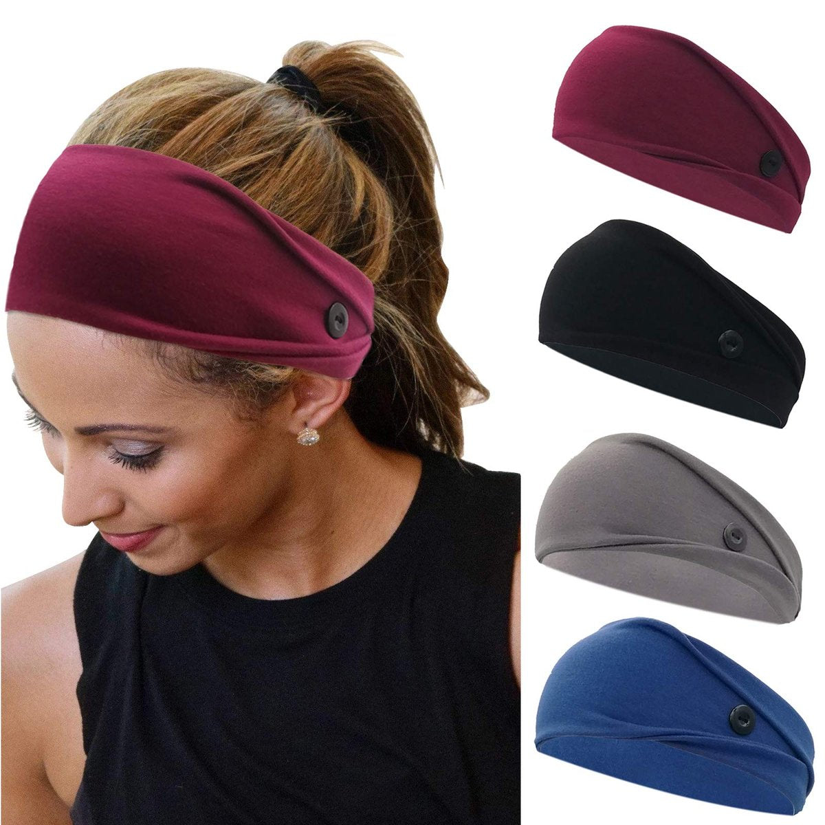 YONUF Headbands for Women with Buttons – Elastic Non Slip Yoga Hair Bands for Nurses, Doctors – 4 Pack - görsel 1