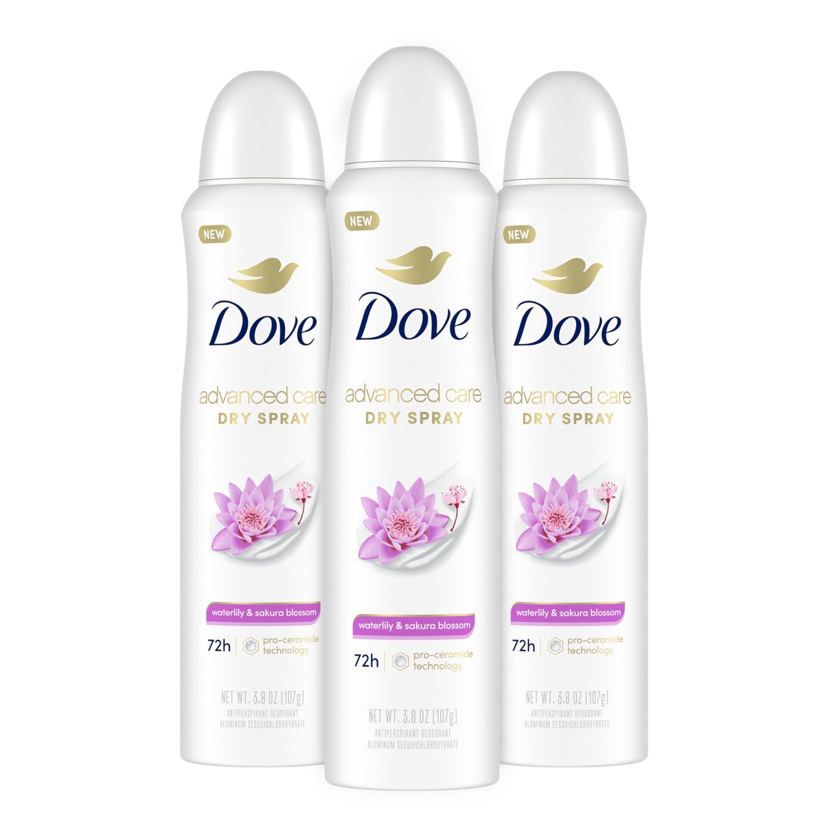 Dove Advanced Care Antiperspirant Deodorant Spray Waterlily & Sakura Blossom, 3 Count, 3.8 oz Each - 72-Hour Protection, Moisturizing for After-Shaving Care, Boosts Ceramide Levels for Soft Underarms Avelisse