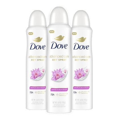 Dove Advanced Care Antiperspirant Deodorant Spray Waterlily & Sakura Blossom, 3 Count, 3.8 oz Each - 72-Hour Protection, Moisturizing for After-Shaving Care, Boosts Ceramide Levels for Soft Underarms Avelisse