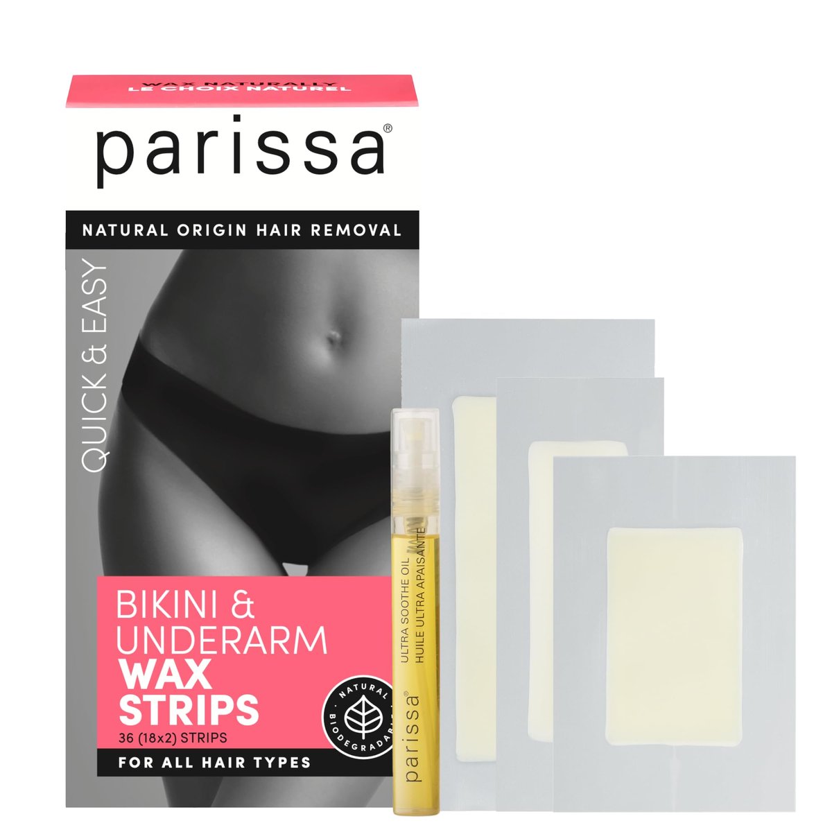 Parissa Natural Bikini Wax Strips Kit - 36 Ready-to-Use Strips for Sensitive Skin, Beginner-Friendly Hair Removal for Bikini & Brazilian Avelisse