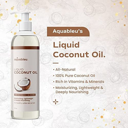 Aquableu Fractionated Liquid Coconut Oil - 100% Pure & All-Natural Moisturizer for Skin & Hair - Lightweight, Non-Greasy, Deeply Nourishing - 12 oz Avelisse