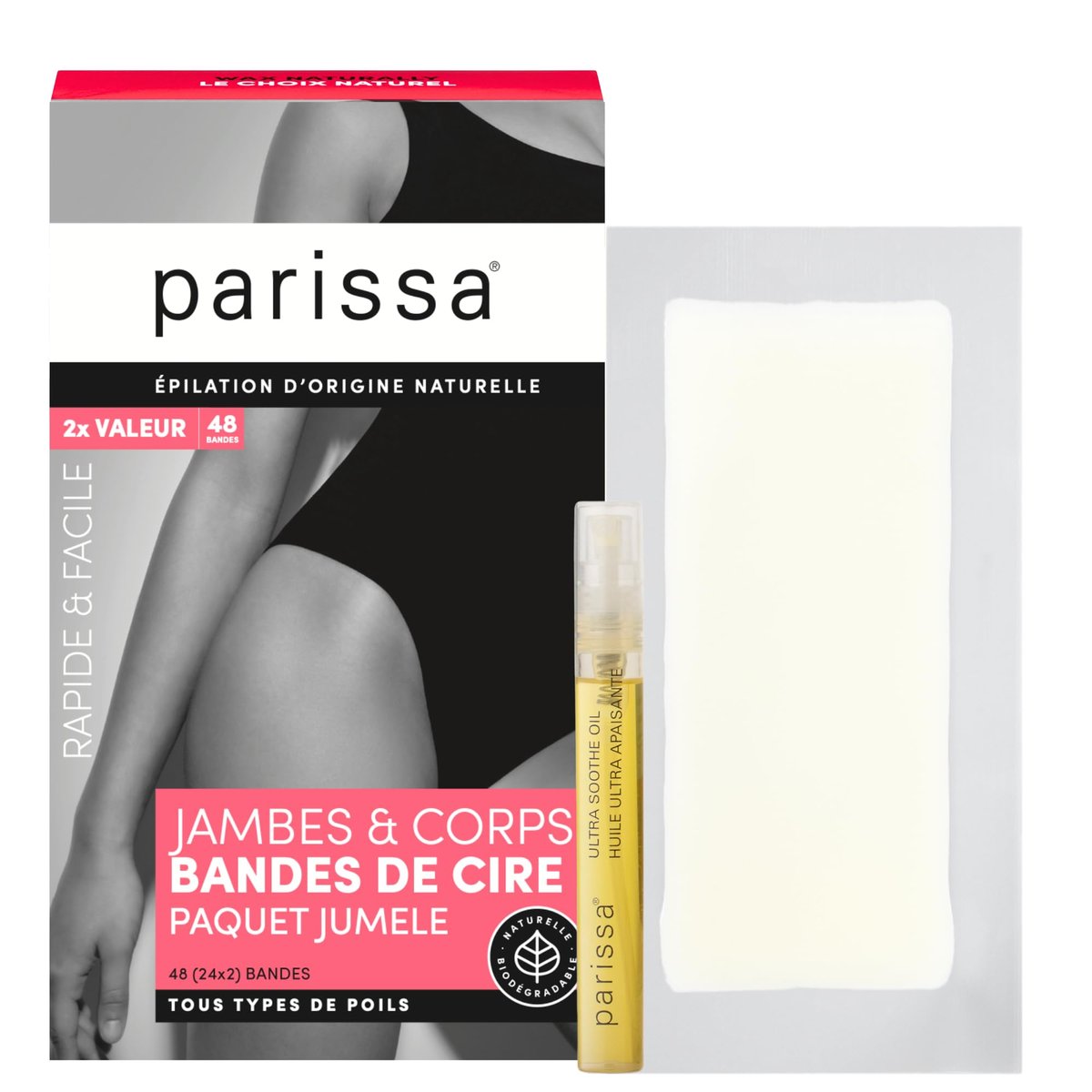 Parissa Natural Legs & Body Wax Strips - 48 Large Ready-to-Use Strips, Gentle on Sensitive Skin, Includes Post-Wax Oil Avelisse