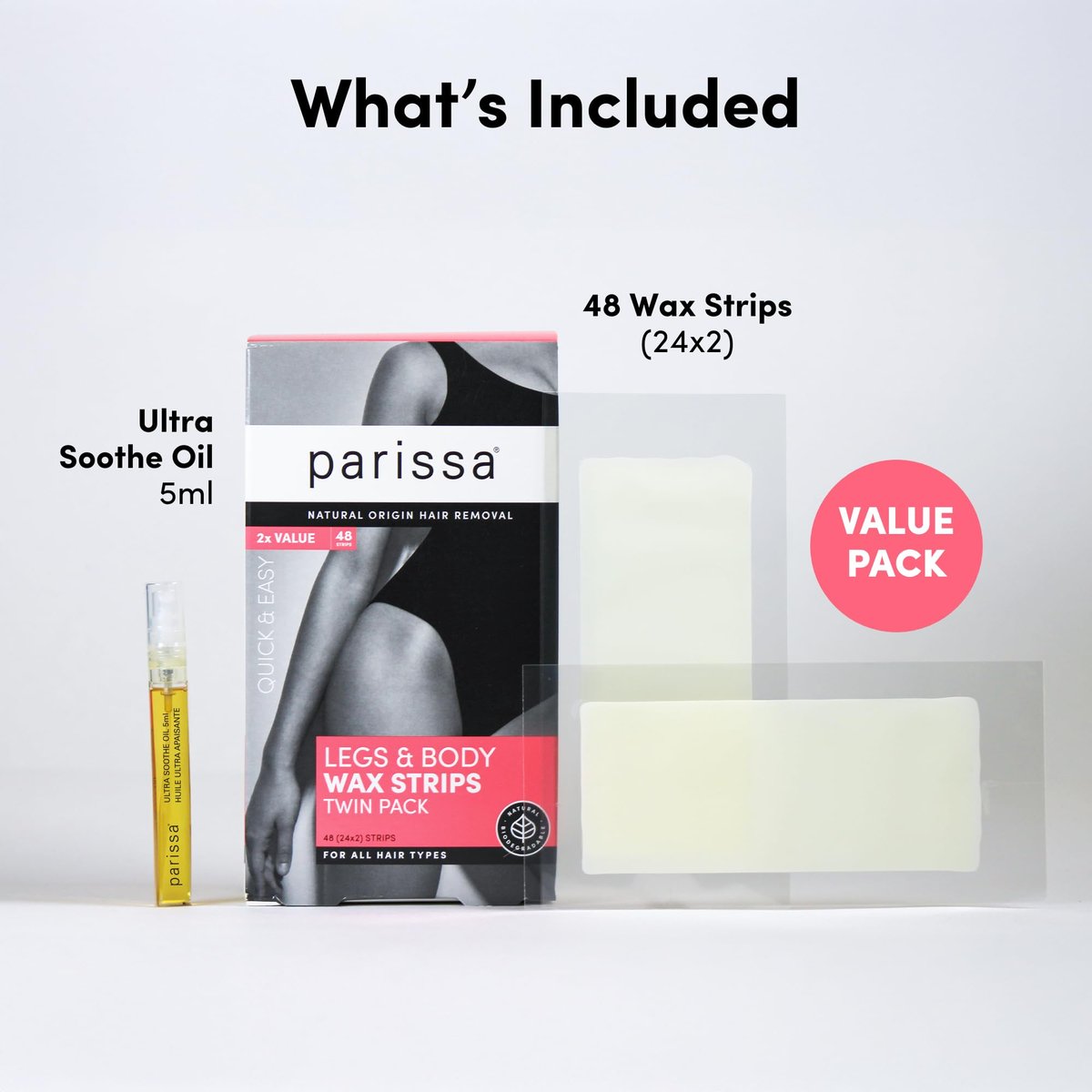 Parissa Natural Legs & Body Wax Strips - 48 Large Ready-to-Use Strips, Gentle on Sensitive Skin, Includes Post-Wax Oil Avelisse