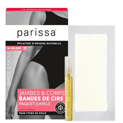 Parissa Natural Legs & Body Wax Strips - 48 Large Ready-to-Use Strips, Gentle on Sensitive Skin, Includes Post-Wax Oil Avelisse