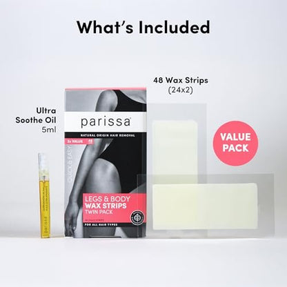 Parissa Natural Legs & Body Wax Strips - 48 Large Ready-to-Use Strips, Gentle on Sensitive Skin, Includes Post-Wax Oil Avelisse