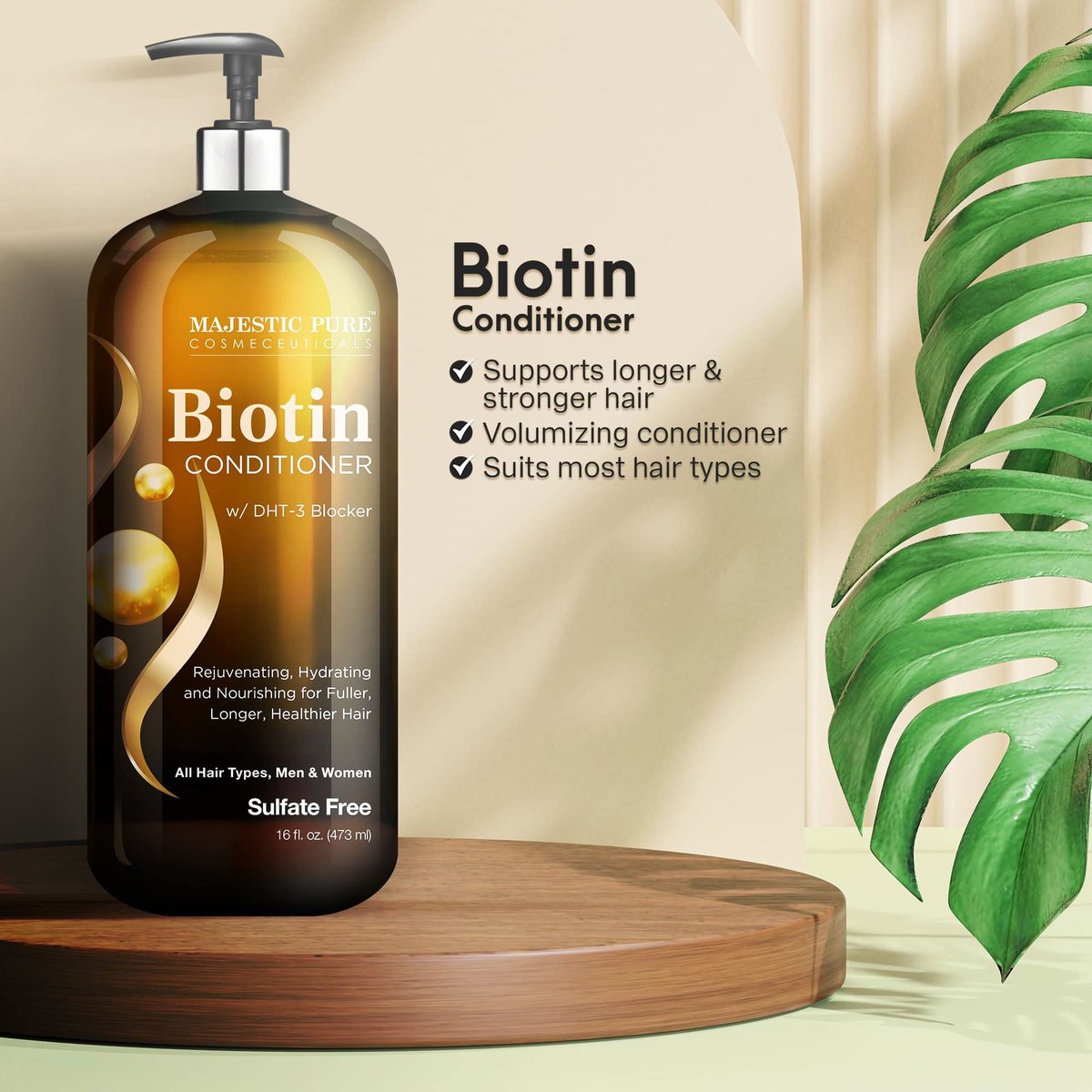 Majestic Pure Biotin Conditioner for Hair Loss - Thickening & Volumizing Conditioner with DHT-3 Blocker, Keratin & Rosemary Oil, Sulfate Free, All Hair Types, 16 fl oz Avelisse