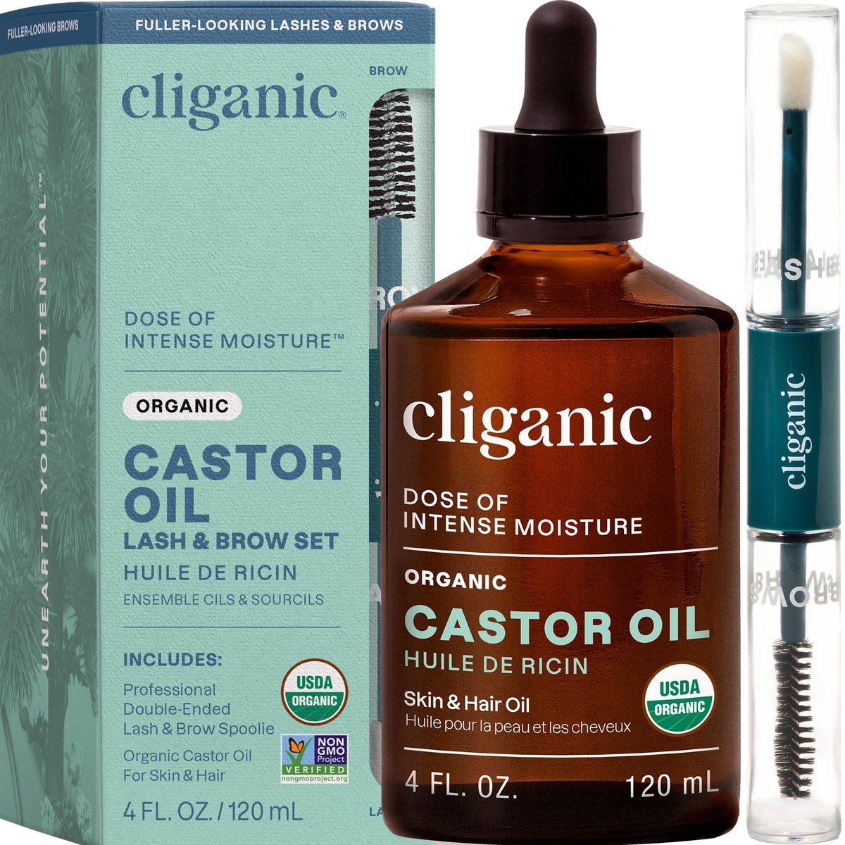 Cliganic Organic Castor Oil, 100% Pure (4 oz Glass Bottle with Eyelash Kit) - For Eyelashes, Eyebrows, Hair & Skin - görsel 1