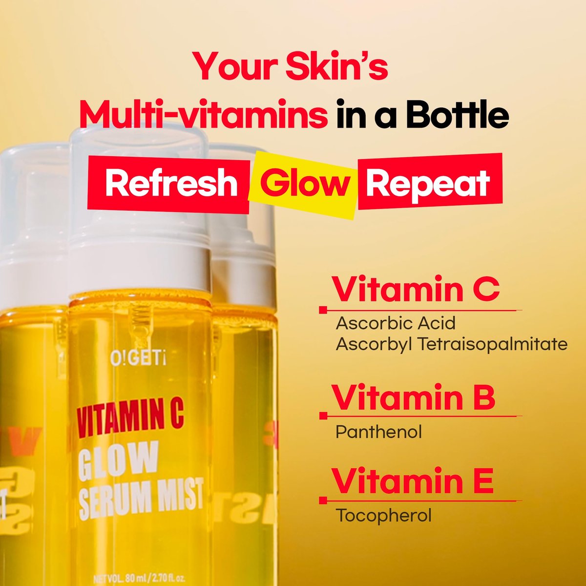 O!GETi Vitamin C Glow Serum Mist - Hydrating & Brightening Facial Mist with Jeju Green Tangerine & Niacinamide, Hypoallergenic Face Spray for Glowing Skin, 2.7 fl.oz Avelisse