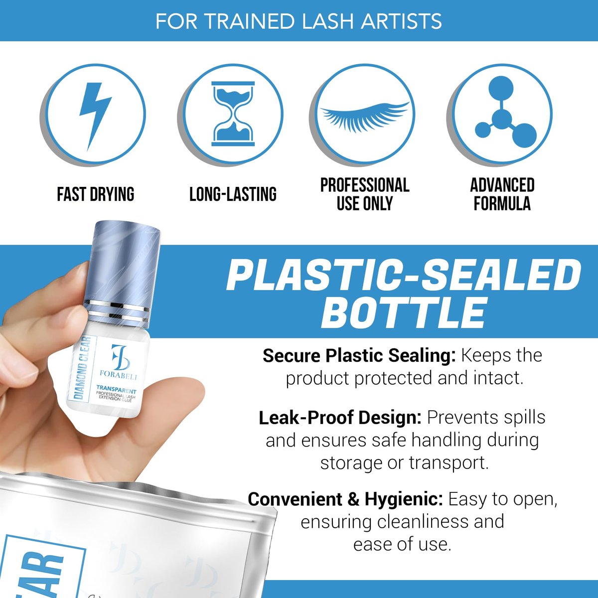 Forabeli Diamond Clear Eyelash Extension Glue – Transparent Lash Adhesive, 1-2 Second Fast Dry, 6 Weeks Retention, for Colored & Brown Lashes, 5ml Avelisse
