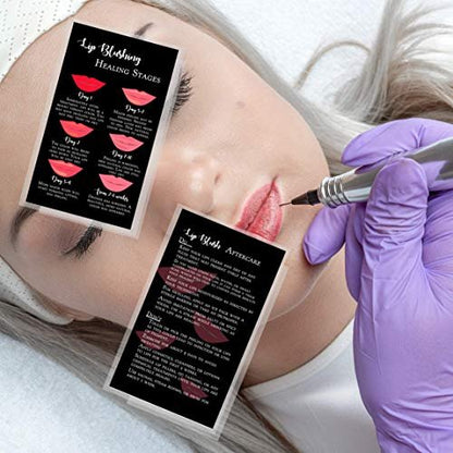 Lip Blush Stages of Healing & Aftercare Instructions Cards – 50 Pack, Double Sided, 2x3.5 Inches, Black with Red Lips Design