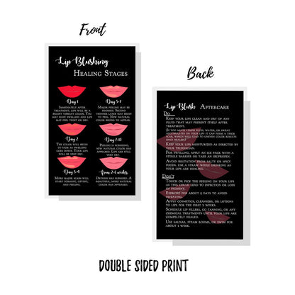 Lip Blush Stages of Healing & Aftercare Instructions Cards – 50 Pack, Double Sided, 2x3.5 Inches, Black with Red Lips Design