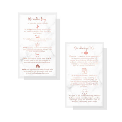 Microblading Aftercare Cards | 50 Pack | 3.5x2" Disposable Care Instructions | Rose Gold Glitter Marble Design