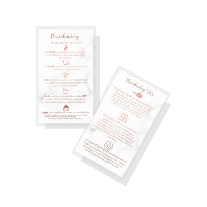 Microblading Aftercare Cards | 50 Pack | 3.5x2" Disposable Care Instructions | Rose Gold Glitter Marble Design