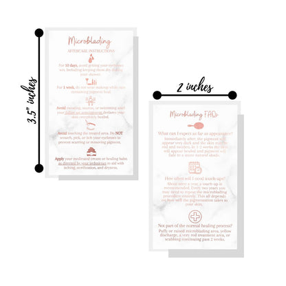 Microblading Aftercare Cards | 50 Pack | 3.5x2" Disposable Care Instructions | Rose Gold Glitter Marble Design