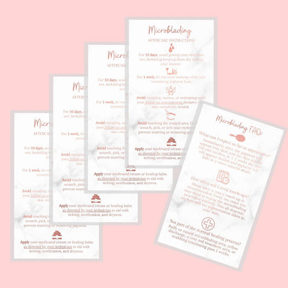Microblading Aftercare Cards | 50 Pack | 3.5x2" Disposable Care Instructions | Rose Gold Glitter Marble Design
