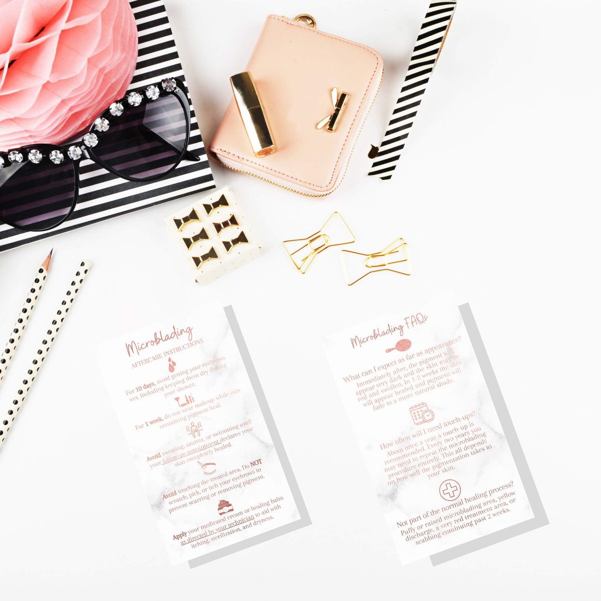 Microblading Aftercare Cards | 50 Pack | 3.5x2" Disposable Care Instructions | Rose Gold Glitter Marble Design - görsel 17