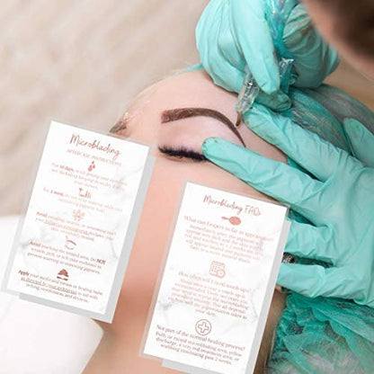 Microblading Aftercare Cards | 50 Pack | 3.5x2" Disposable Care Instructions | Rose Gold Glitter Marble Design
