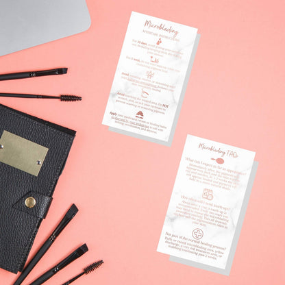 Microblading Aftercare Cards | 50 Pack | 3.5x2" Disposable Care Instructions | Rose Gold Glitter Marble Design