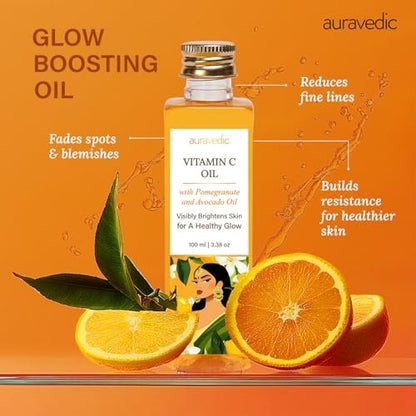 Auravedic Vitamin C Face Oil with Rosehip, Avocado & Vitamin E – Natural Organic Moisturizer for Soft, Smooth Skin, 3.38 Fl Oz